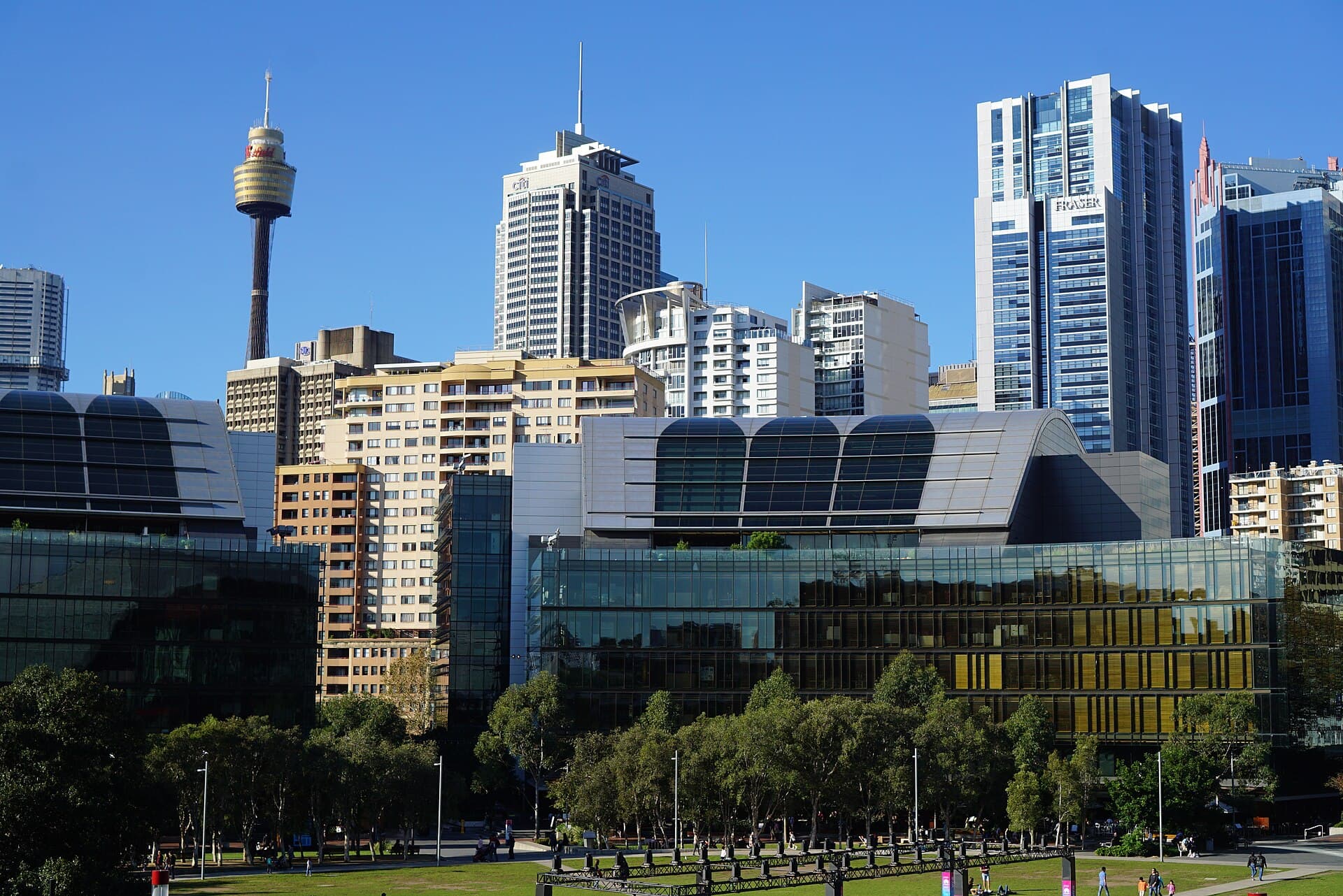 Sydney skyline above the edge of Tumbalong Park in May 2017